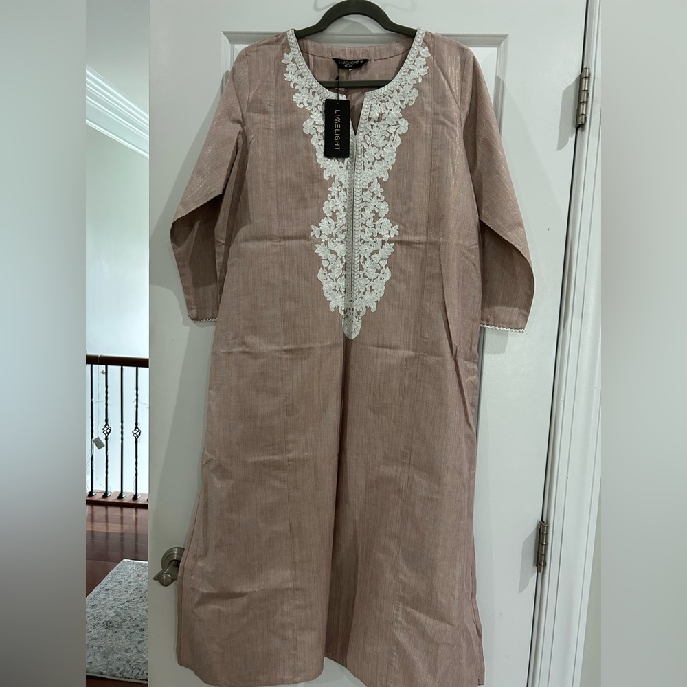 Lace Craft Embroidered Kurta in Brown and White